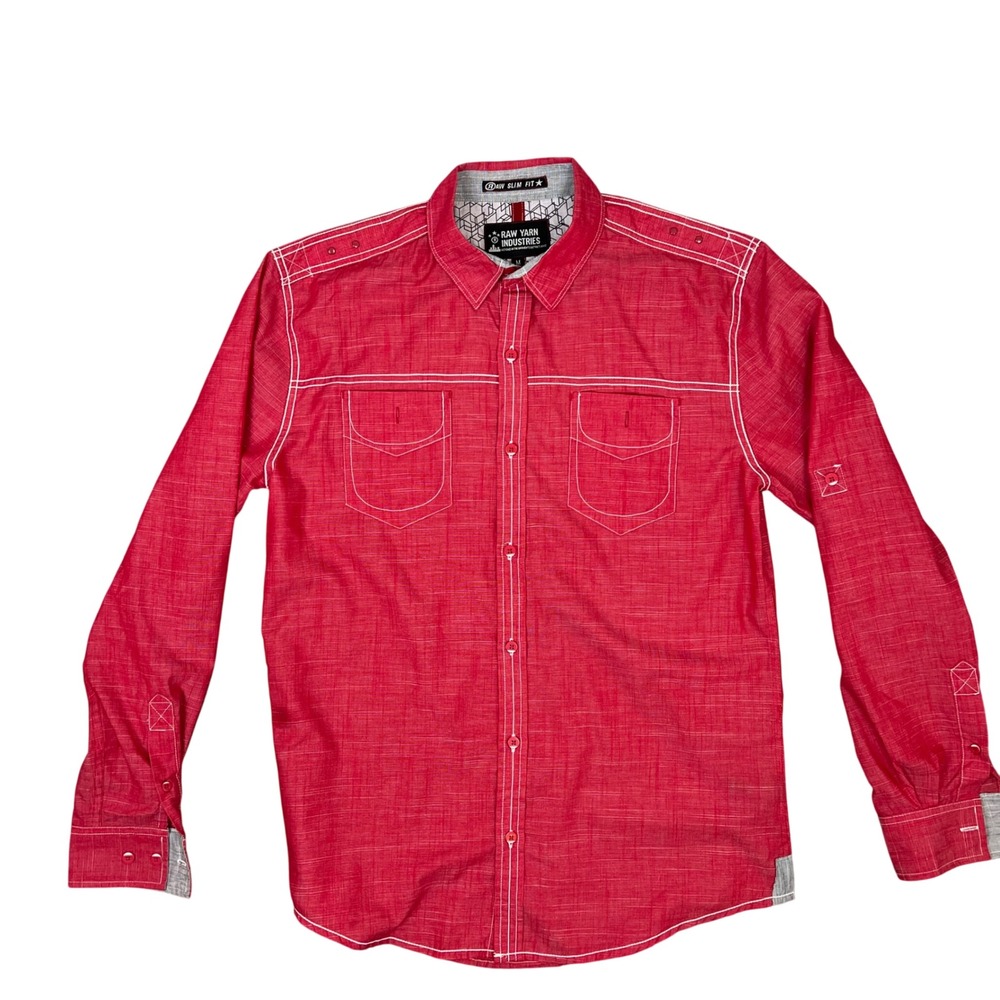 Raw Yarn Industries‎ Mens Slim Fit Red Contrast Stitch Button Down Shirt Medium